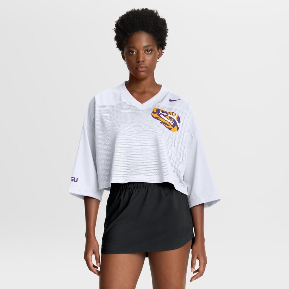 Nike Women's LSU Crop Football Jersey # 00 White 03O3-10A-LSN-V4C NWT Size Large